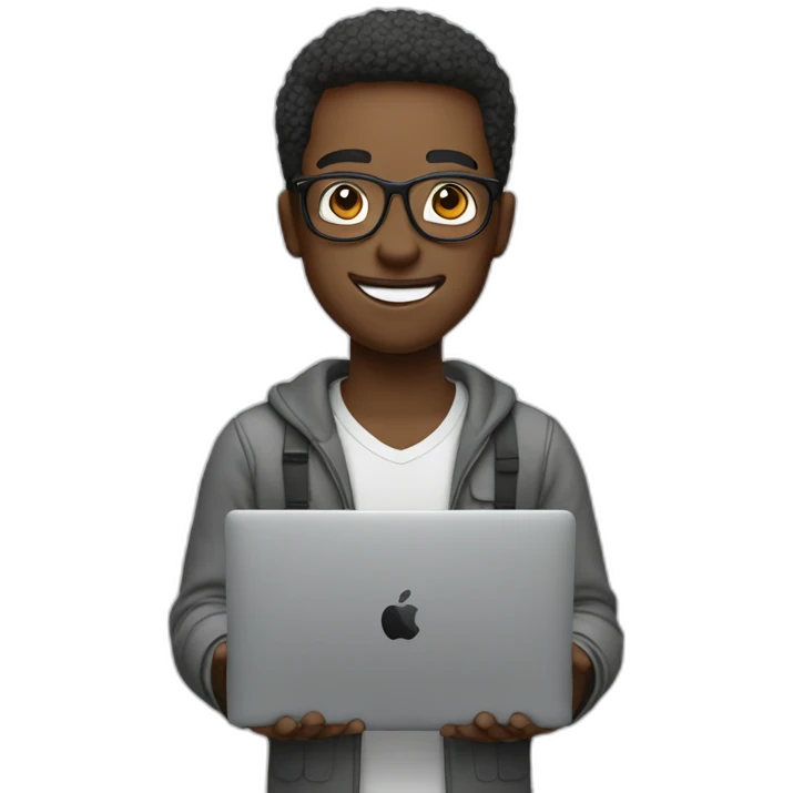 a black man with spec using macbook facing right smiling holding gadget emoji