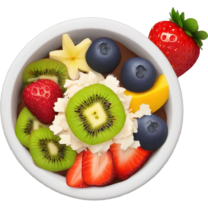 acai bowl with strawberries/ mango/ kiwi/ and coconut flakes emoji