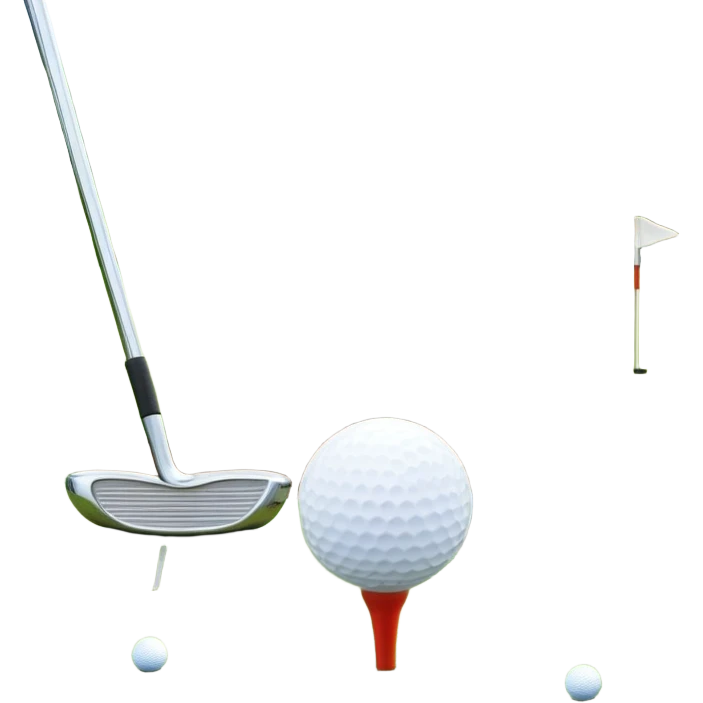 A golf ball on a tee with a golf club placed beside it, set against the backdrop of a well-manicured green golf course. The scene emphasizes the equipment and serene atmosphere of the sport, with soft lighting and a peaceful, open landscape emoji