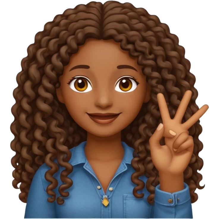 sticker style iPhone emoji of a dark-skinned girl with long curly hair, making a peace gesture, transparent background emoji