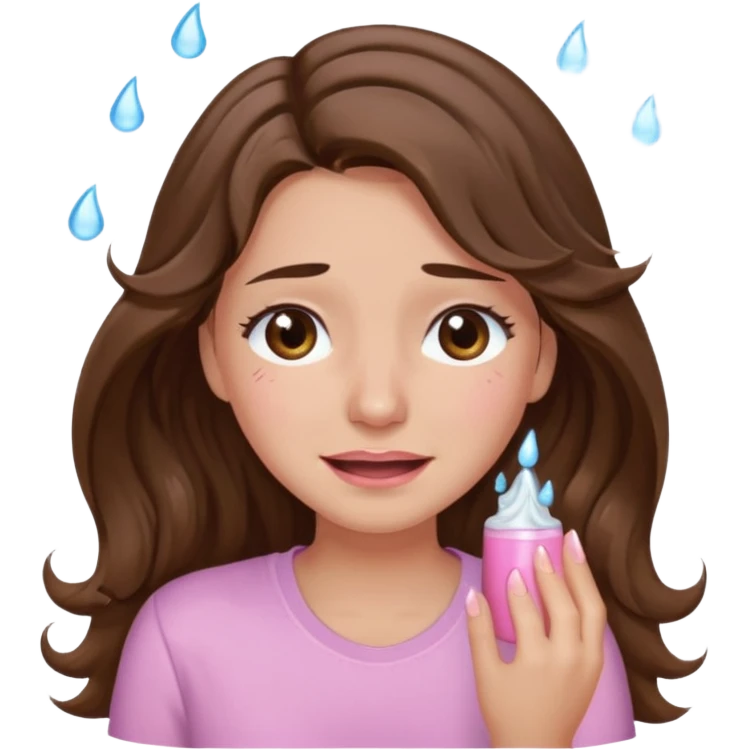 girl with wavy long brown hair, brown eyes, light to medium complexion, long lashes, light pink lipstick, wearing light pink shirt, smiling, crying  emoji