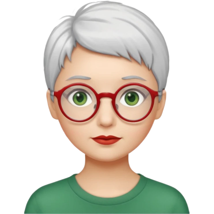 visage femme a lunettes ronde rouge fine avec cheveux courts gris-blancs aux yeux verts emoji