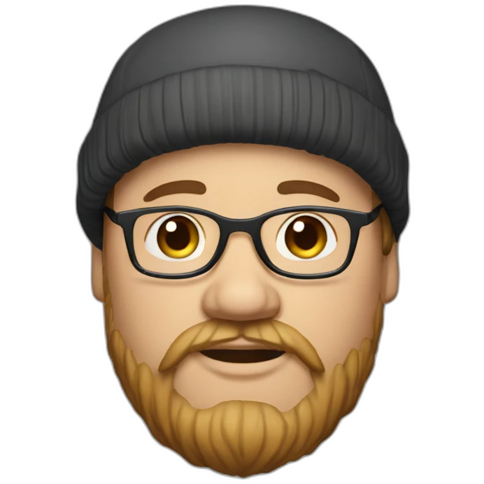 Overweight man with dark hair wearing small beenie on head, beard and glasses. emoji