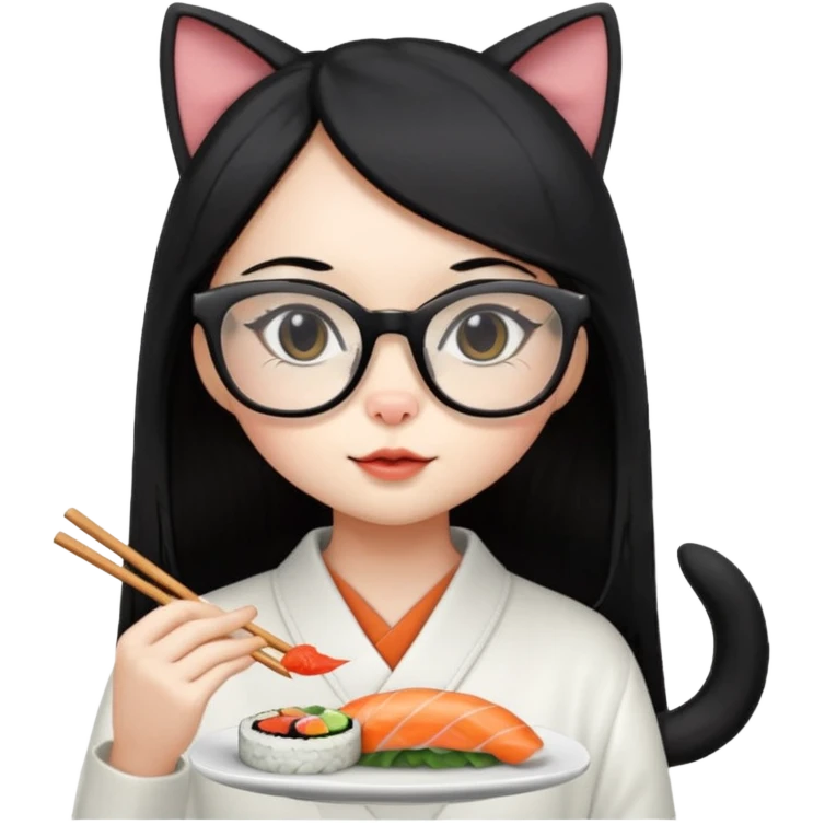 cute girl cat with long straight hair and really big square glasses with super thin frames eating sushi emoji