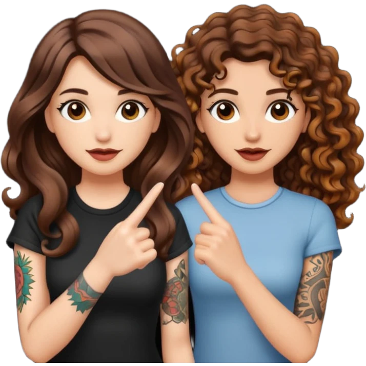 finger snap idea — long wavy brown hair tattooed woman and short tight curly brown hair woman — spark flash emoji