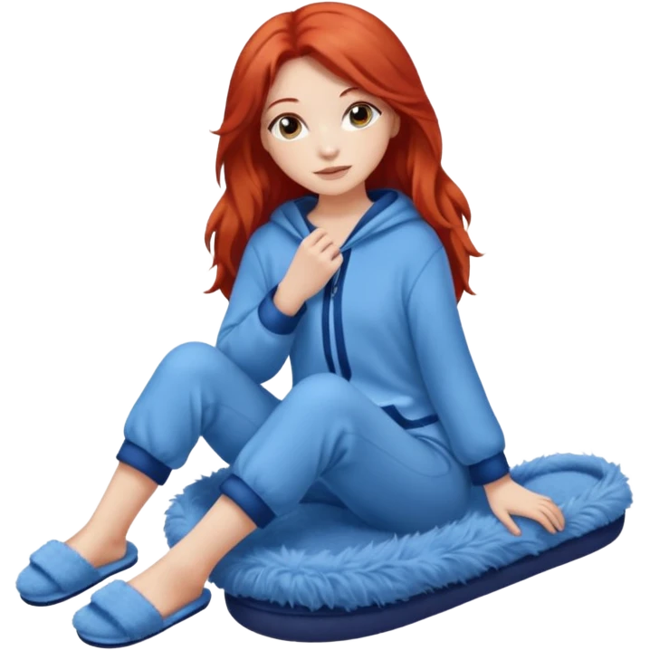 young woman with long red hear wearing comfy lounging outfit, wearing blue fuzzy slippers emoji