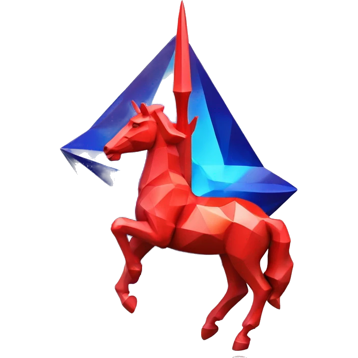 A Sagittarius sculpture with a geometric, faceted design. The Sagittarius is standing upright with angular and baroque features. The vibrant red with blue accent flame colors highlights the sharp edges and planes. emoji