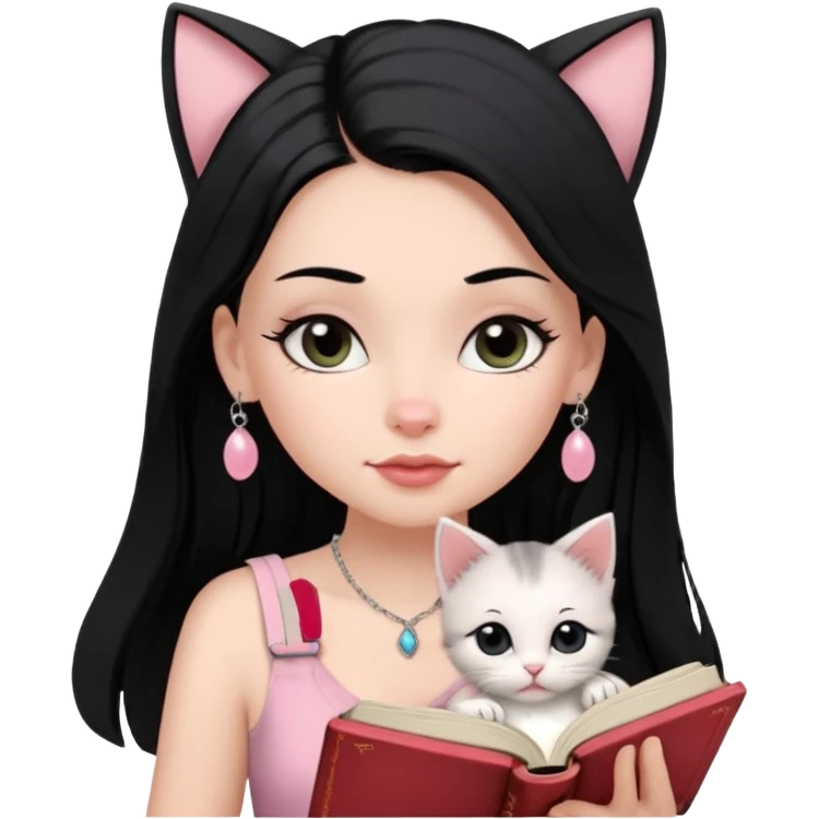 Menina branca ,cabelos pretos longos, olhos pretos puxados para cima. Cílios longos, lábios grossos ,nariz pequeno ,vestido rosa claro de alça. Colar e brinco bem pequeno. Lendo um livro com gatinho preto e branco. emoji