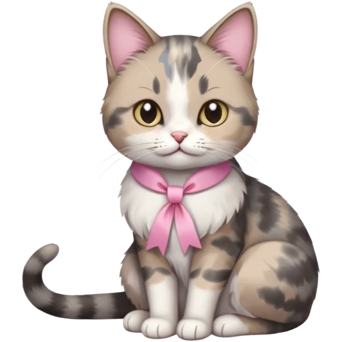 Sitting Dilute grey calico cat with pink ribbon emoji