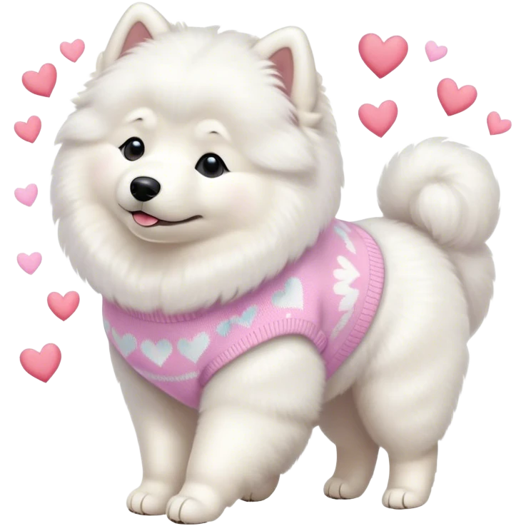 Samoyed in a pastel sweater with hearts is walking emoji