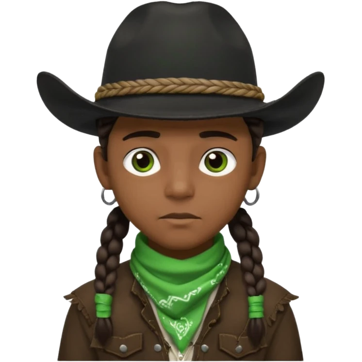 Black boy with three braids near each eye wearing a black cowboy hat with green bandana around his neck emoji