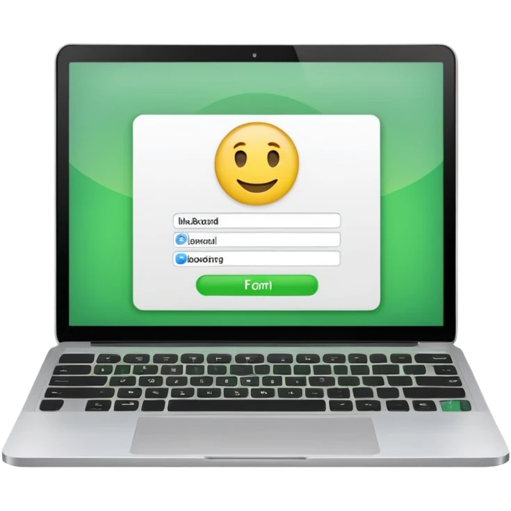 A emoji-style illustration of a laptop front facing with its screen showing onboarding form. On the screen, display a small white form card with a few input fields no labels. Add a bright green button at the bottom of the card no label. fix the keyboard letters. emoji
