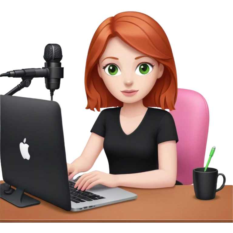 Redhead with green eyes sat at desk with pink MacBook and  podcast microphone black top and pink chair  emoji