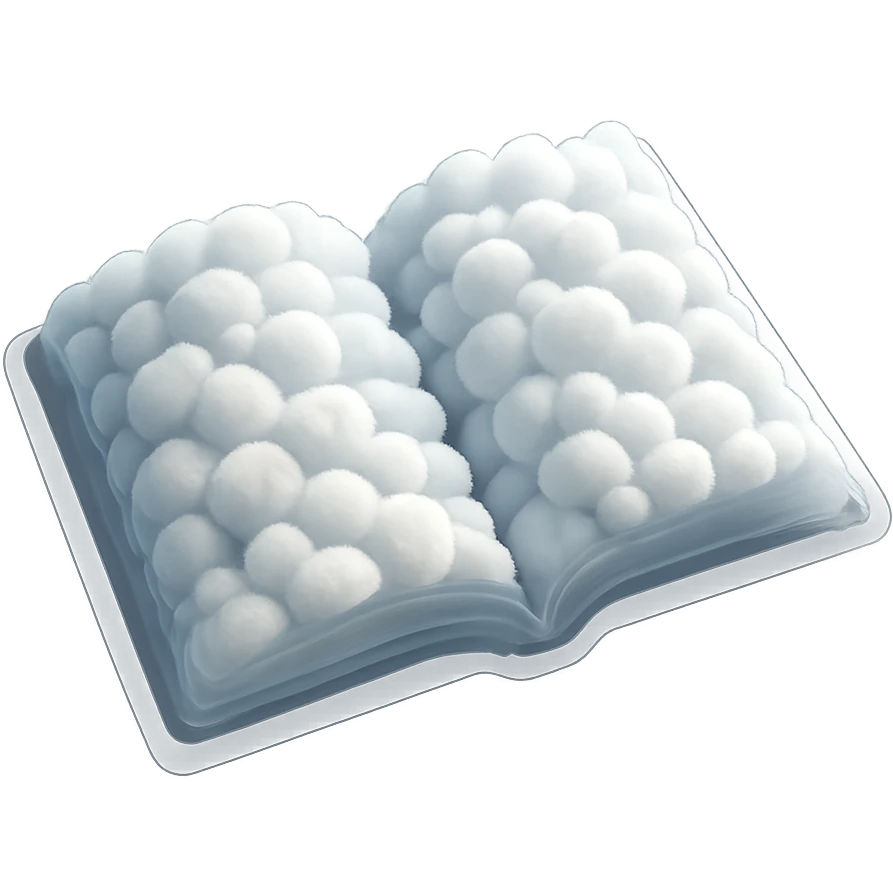 top view of a thick open book made entirely of small, very bright white fluffy convex clouds, matte glass style, emphasis on volume and airiness, no background emoji