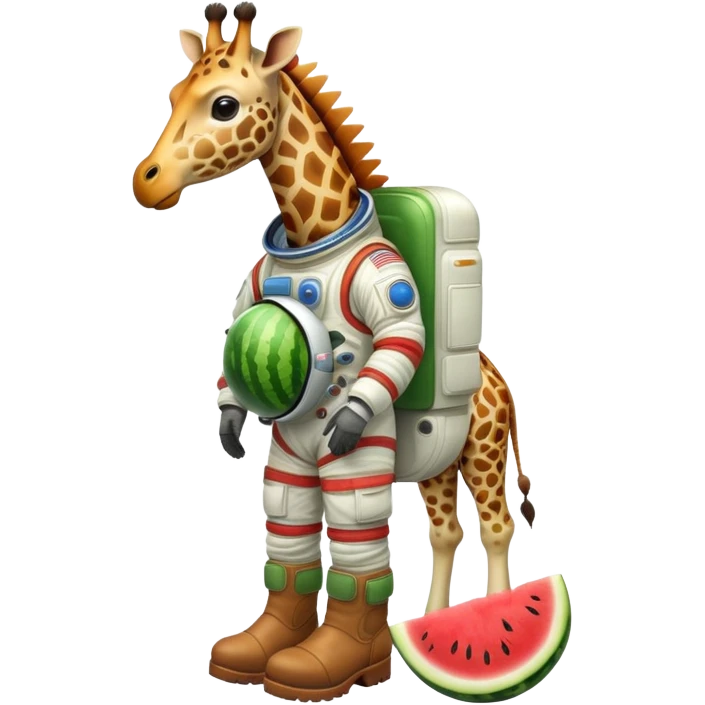 a round watermelon body with only the head of a giraffe sticking out, wearing brown boots and an astronaut helmet emoji