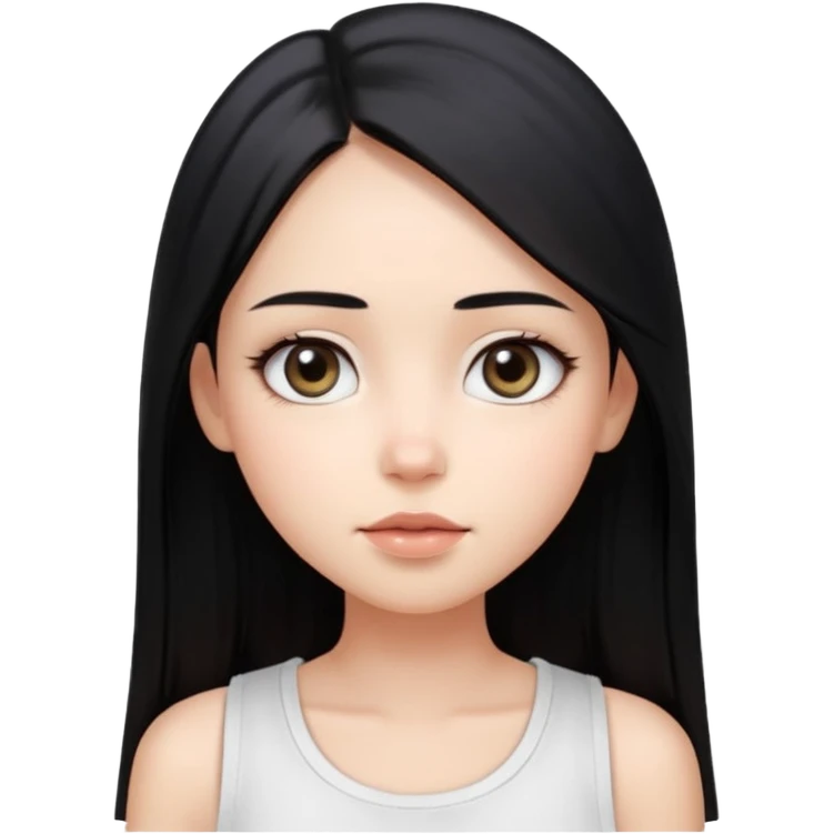 Smooth skin, soft shading, large expressive eyes, natural makeup. 
Long straight black hair, center part. 
Minimalistic and cute facial expression. 
White sleeveless top. 
Bright studio lighting, plain white background. 
High resolution, polished, modern, simple aesthetic. emoji