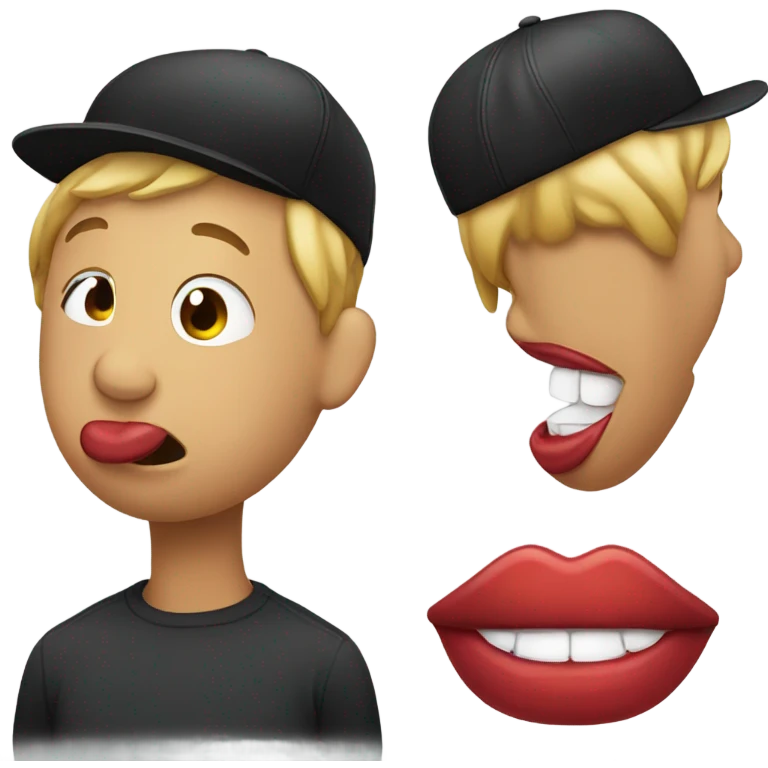 lip biting emoji with hat backwards emoji