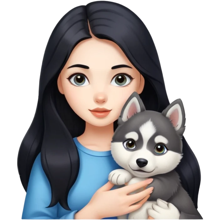 beautiful girl with long black hair holding a cute husky puppy emoji