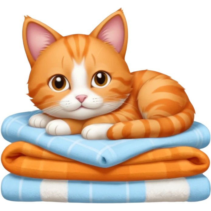 Cute baby Orange cat laying on a stack of light blue blankets emoji