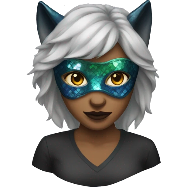 Woman wearing Dark iridescent wolf mask emoji