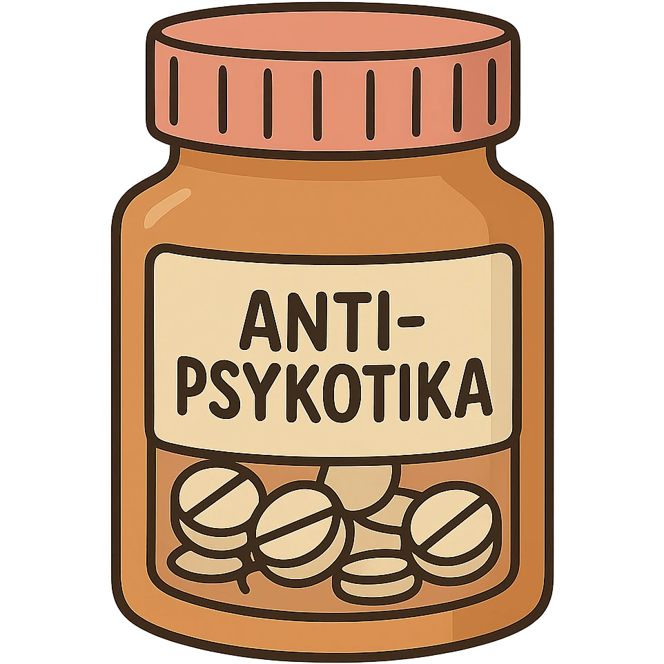 cartoon style pill bottle labeled 'Antipsykotika', no face, arms, or legs emoji
