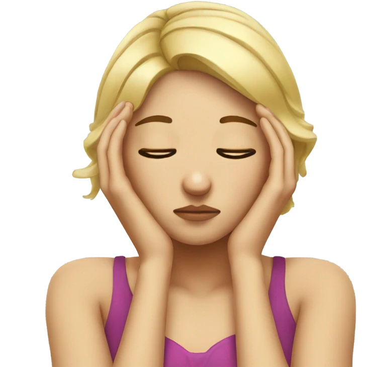 Blonde girl with headache hands on head frown  emoji