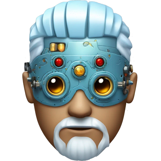  Short light blue haired male cyborg head with light blue beard, red steampunk goggles and circuits emoji