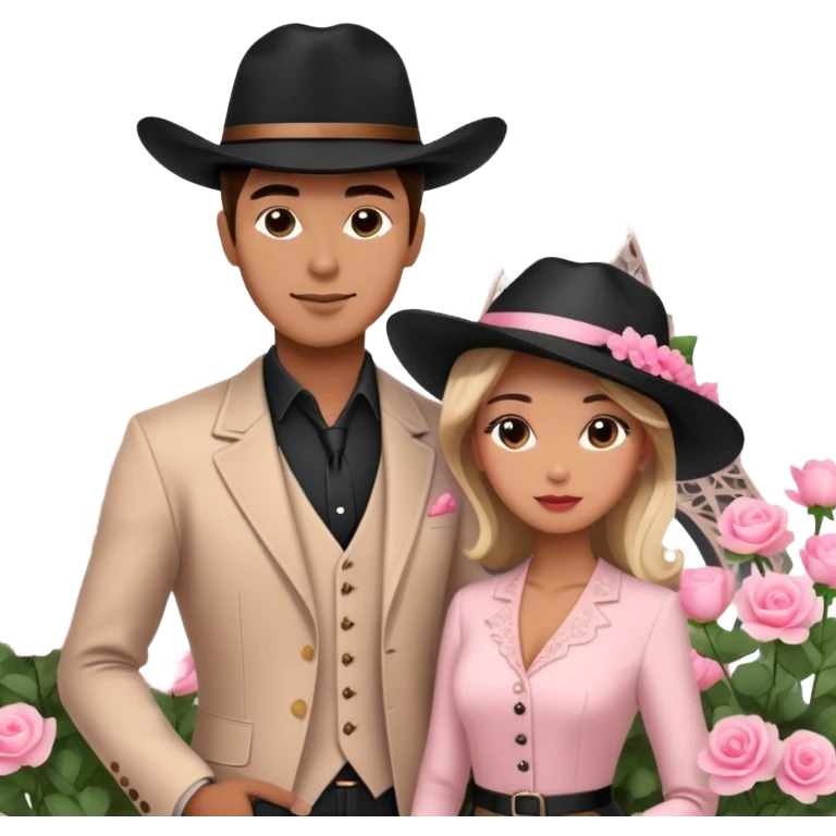 man and woman posing with Eiffel Tower, black cowboy hat, elegant attire, pink delicate flowers emoji