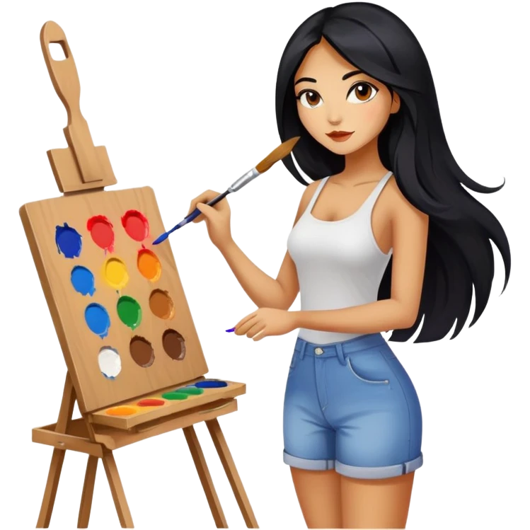 painting, easel, master piece, artist, long black hair tanned woman, paint pallet colors and paint brush, sexy emoji
