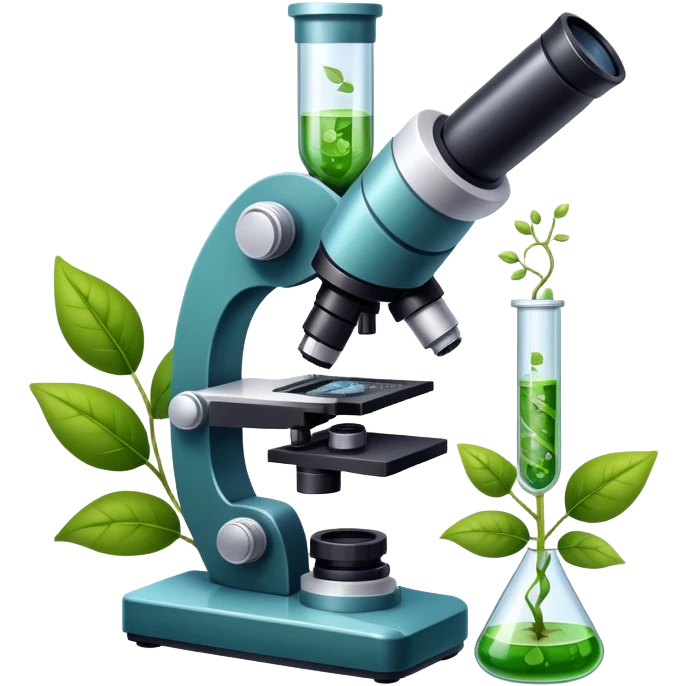 An icon featuring a microscope, a DNA strand, and plant leaves, symbolizing biology. The design includes cells, a test tube with a plant sample, representing life sciences, ecosystems, and the study of organisms. Transparent background highlights the exploration of living systems. emoji