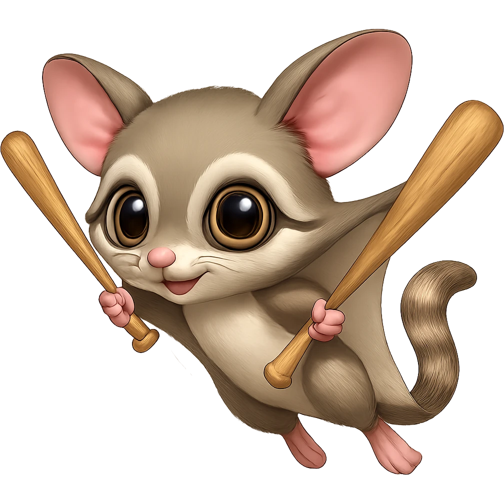 Add a baseball bat to the sugar glider and depict it gliding through the air. Maintain the original style and keep the background transparent. emoji