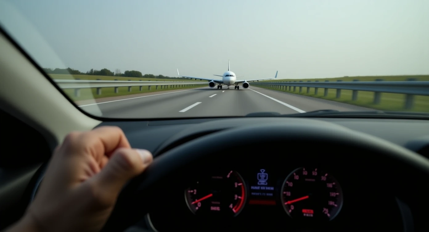 Realistic camshot pov car (hands holding car wheel) shot of a plane crash on highway emoji