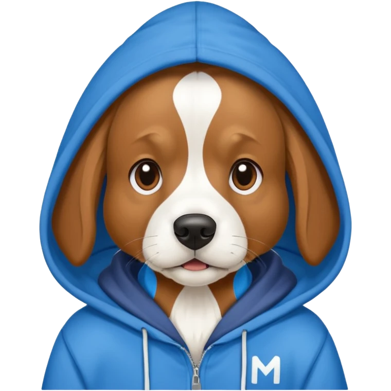 Dog wearing a Blue hoodie. And on the hood is a giant White M emoji