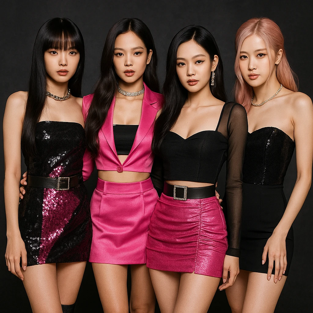 Blackpink, K-pop girl group, four members, glamorous, pink and black outfits, confident, group pose emoji