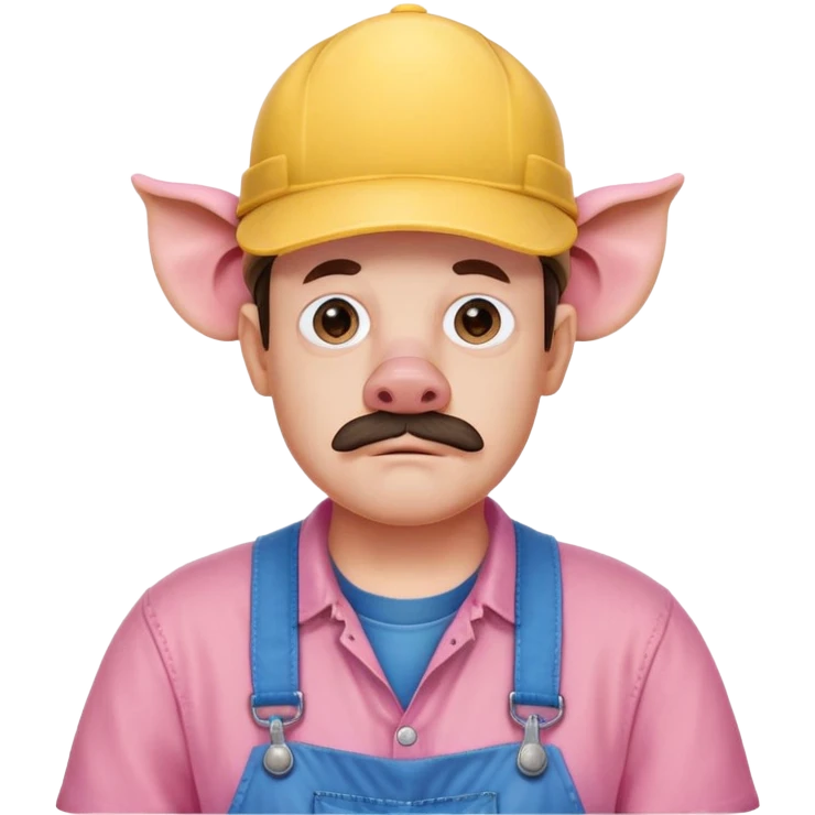 Uncle Samsonite (fat man that looks poorly rendered and doesn’t have a nose and has brown overalls, yellow shirt, blue hat, and pig ears. Also has pink skin emoji