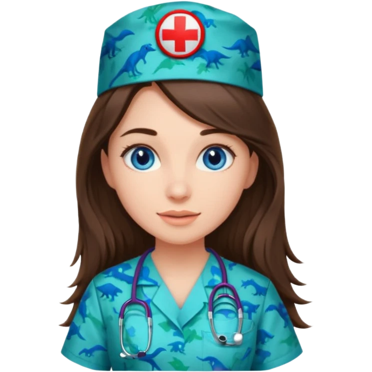 pretty brunette nurse with long hair and blue eyes in dinosaur pattern scrubs emoji
