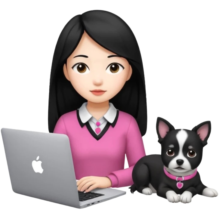 Blue back ground, Asian girl with long black hair working on an Apple laptop, next to her is a small black and white dog with pink collar on  emoji