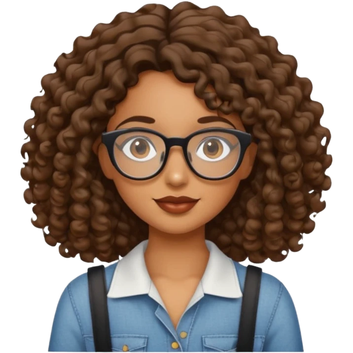 brown girl with wavy curly shoulder length hair. glasses, emoji