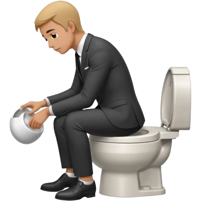 Man siting in a toilet bowl head down hands on the knee the side side view and dress emoji