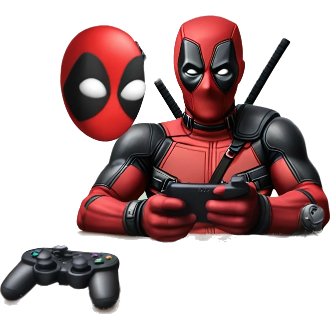 Deadpool holding controller sitting at a desk, front view emoji