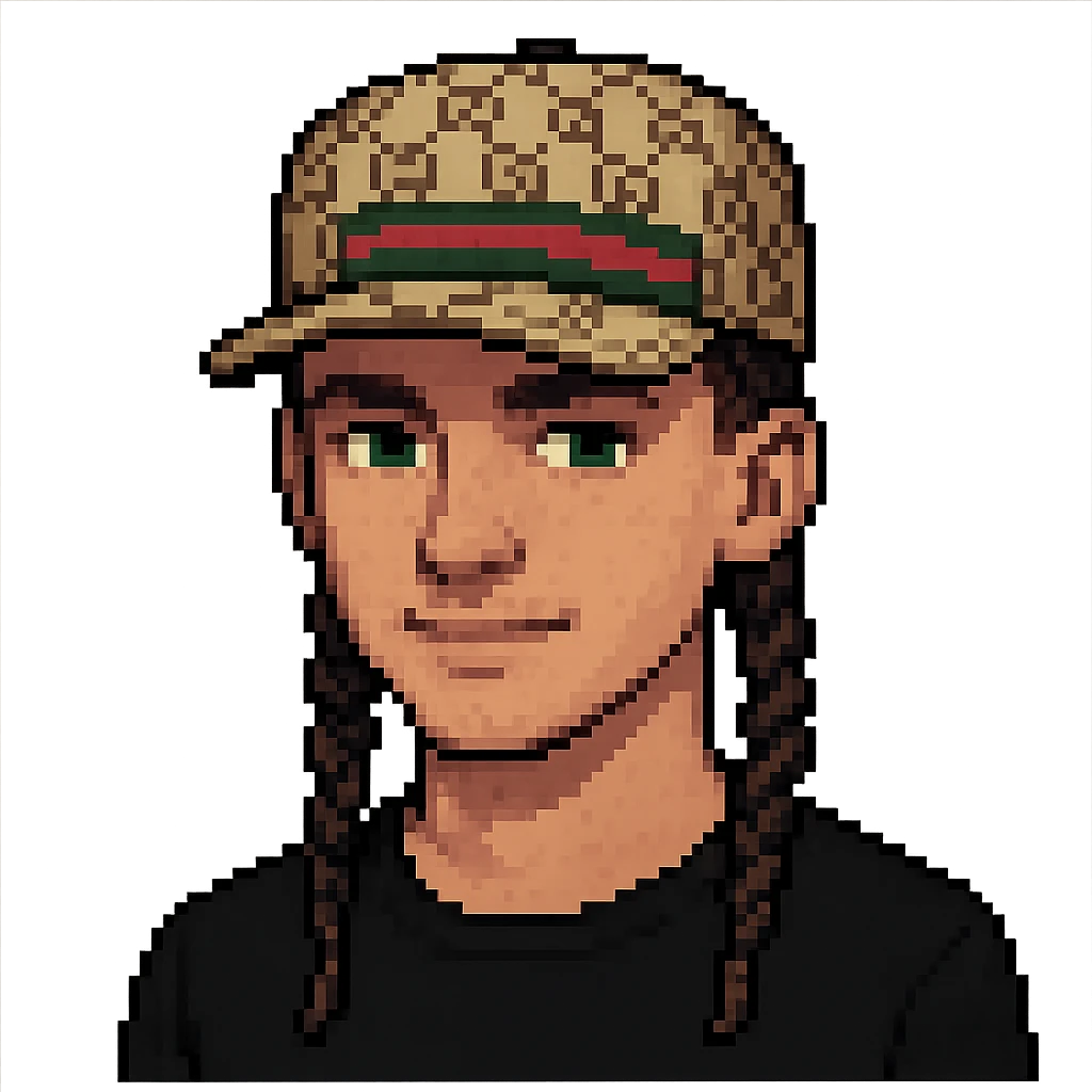 Homme avec des tresses plus courtes et une casquette Gucci, style pixel art, sans fond. Note: style pixel art does not support editing, so using general style editor with pixel art style intention. emoji