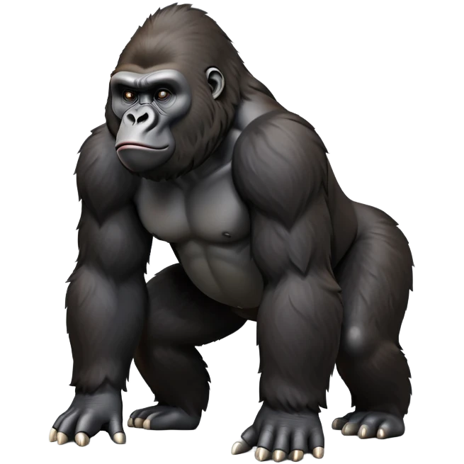 cinematic-gorilla-realistic-full-body-on-all-fours-emoji,-exuding-strength,-thick-dark-fur-in-the-light,-head-tilted-dramatically,-deep-friendly-eyes-filled-with-intense-intelligence,-simplified-yet-realistic-focused-features,-highly-detailed, zoomed out friendly  emoji