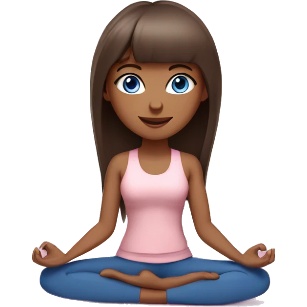 brunette with bangs and blue eyes yoga girl light pink clothes sitting on yoga mat emoji