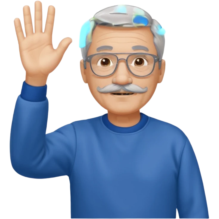 60 yr man partial gray hair parted in center, mustache, light glasses, sweatshirt waving hello emoji