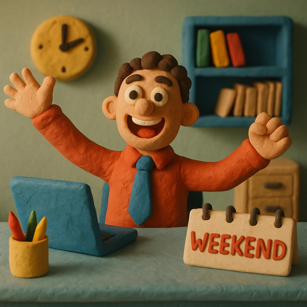 office scene with character looking excited for weekend emoji
