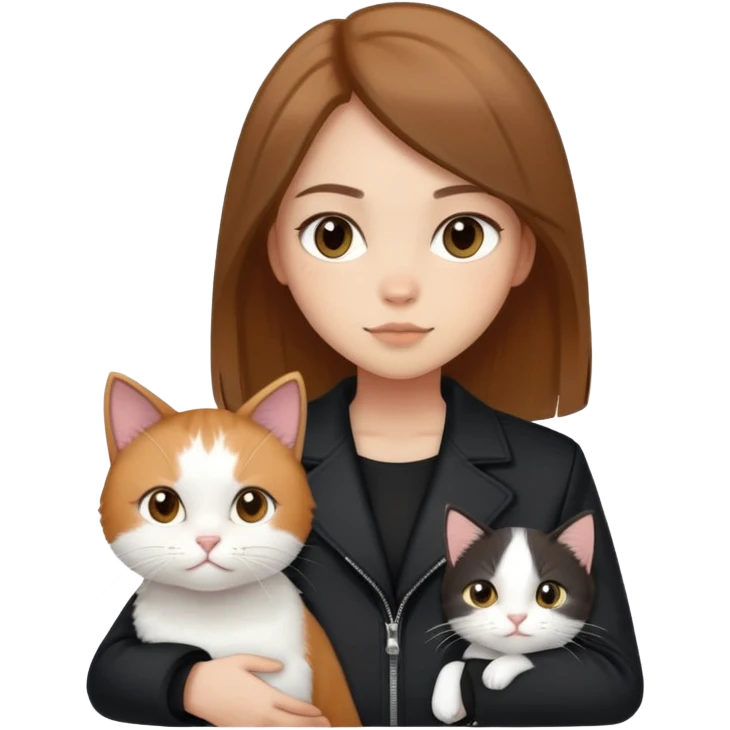 Light-skinned girl with brown straight hair wearing a black jacket, along with one pure white cat and one calico cat emoji