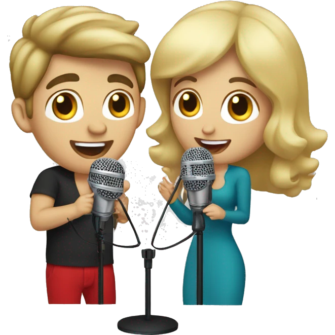 Brunette male with blond female singing into a microphone for Christmas emoji