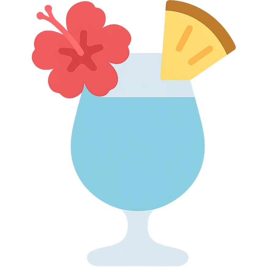 vibrant tropical fruity blue cocktail with hibiscus, pineapple and orange garnishes emoji