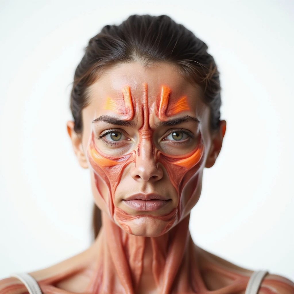 realistic anatomical front view of a woman showing head anatomy with pain areas highlighted on forehead and temples, tense muscles, headache expression, light background emoji