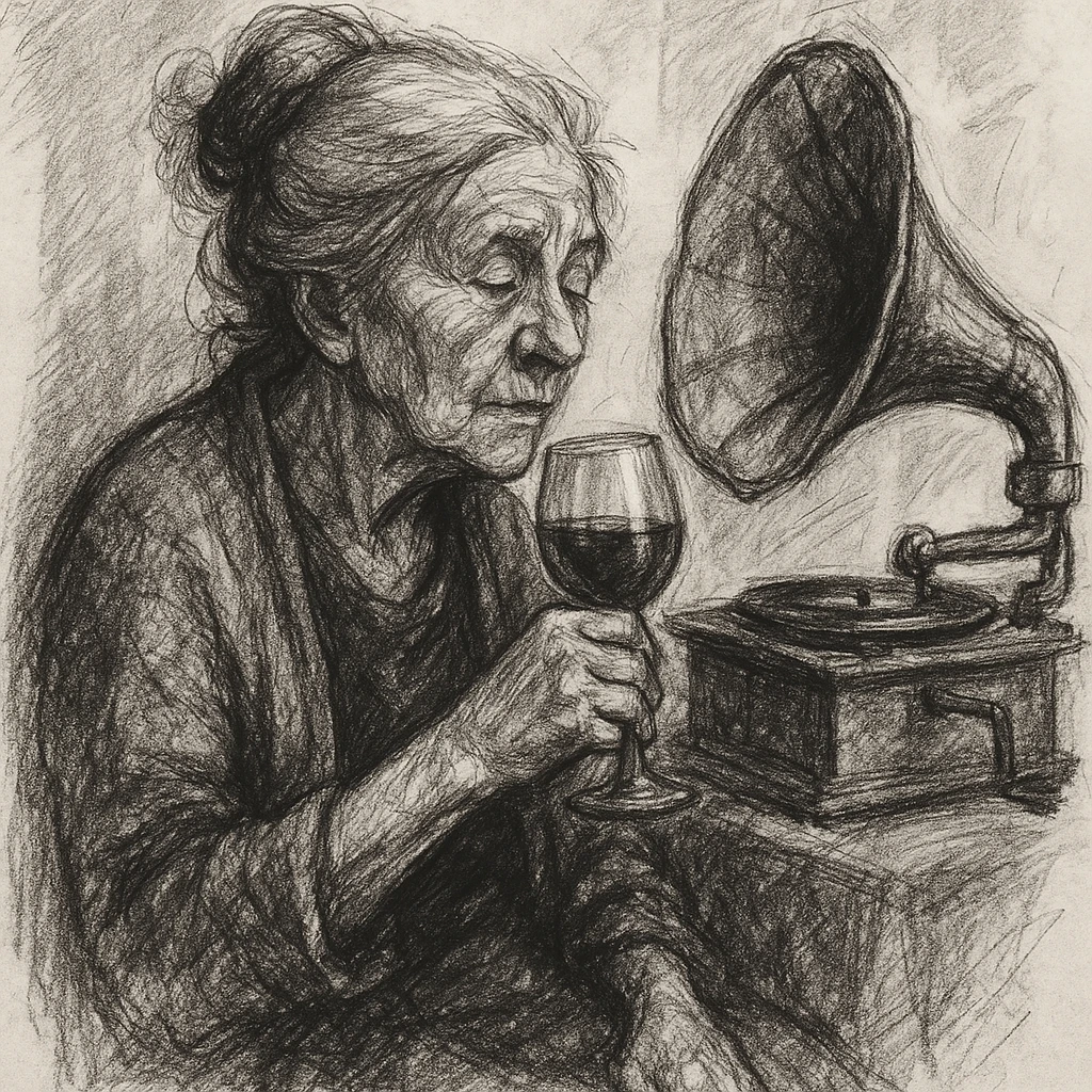 old lady with wineglass listening to gramophone emoji